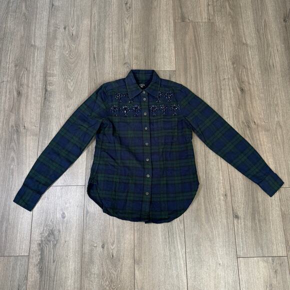 J.Crew Embellished Button-up Shirt SZ 00 Blue Green Tartan Brushed Cotton Oxford - Picture 4 of 8